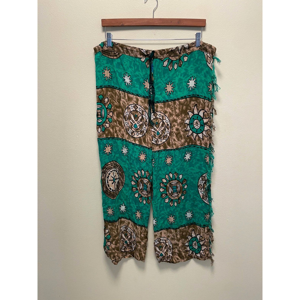 Vintage Women Pants XL Mixed Media Print Rayon Tasseled Wide Leg Artsy Boho READ